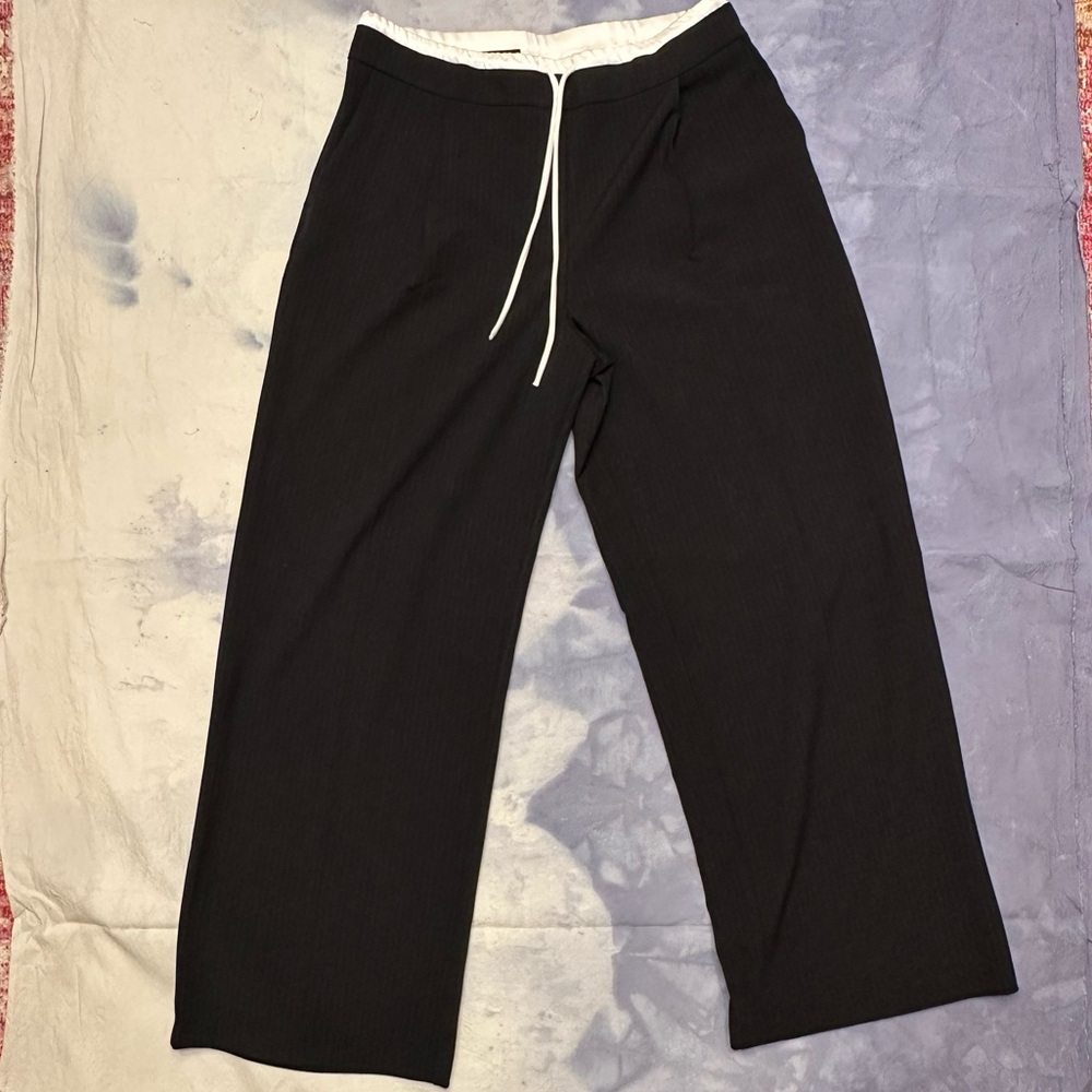 Zara Women's Pinstripe Dress Pants L Black Wide Leg Business Casual Capsule
